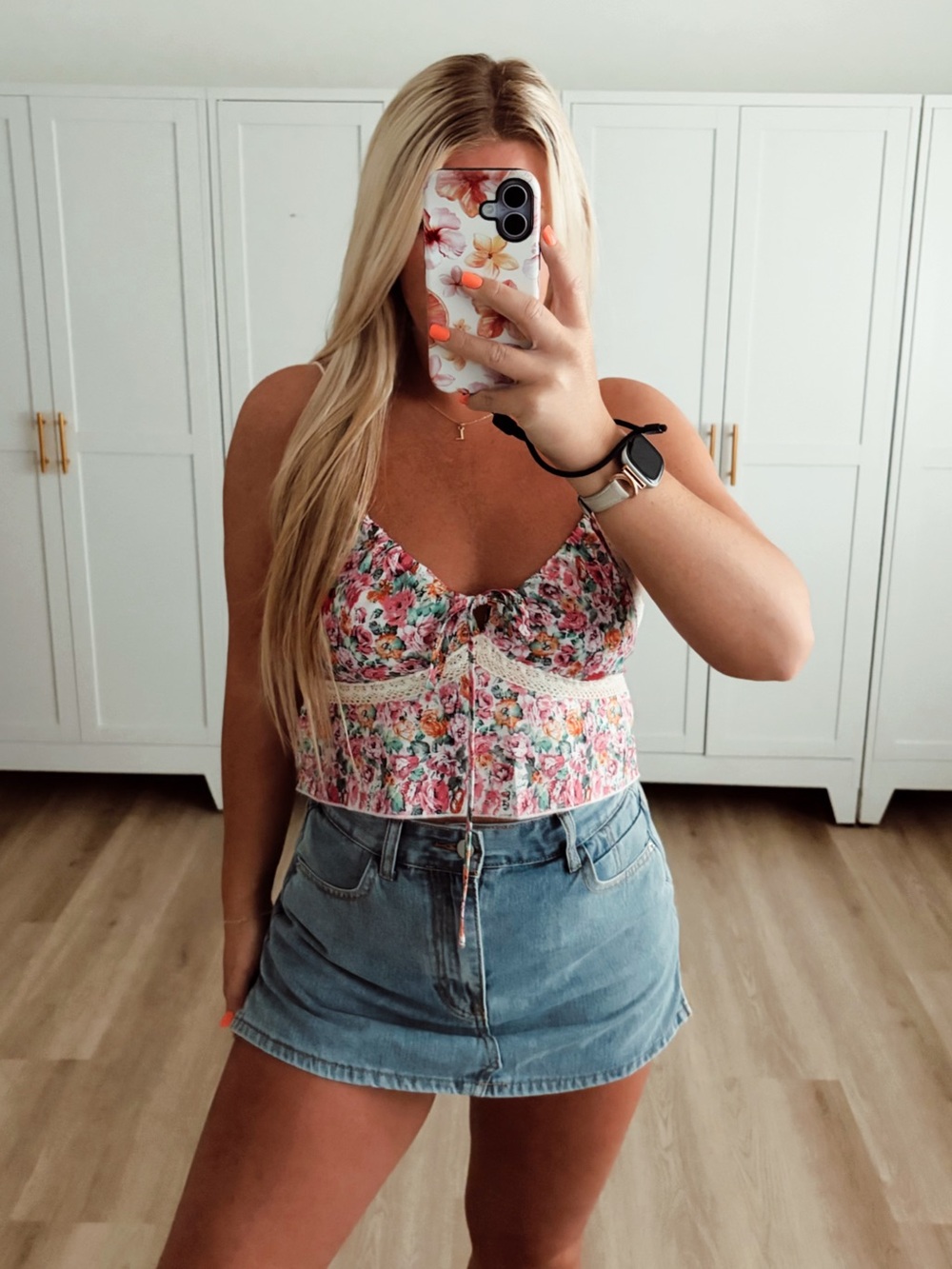 Pink green and orange floral crop tank top